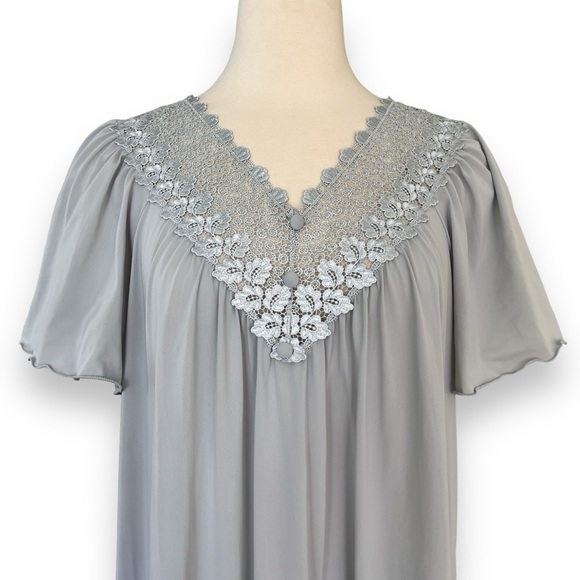 Vintage Made in USA All Nylon Shadowline Long Gray Gown with Flutter Sleeves - Picture 2 of 11